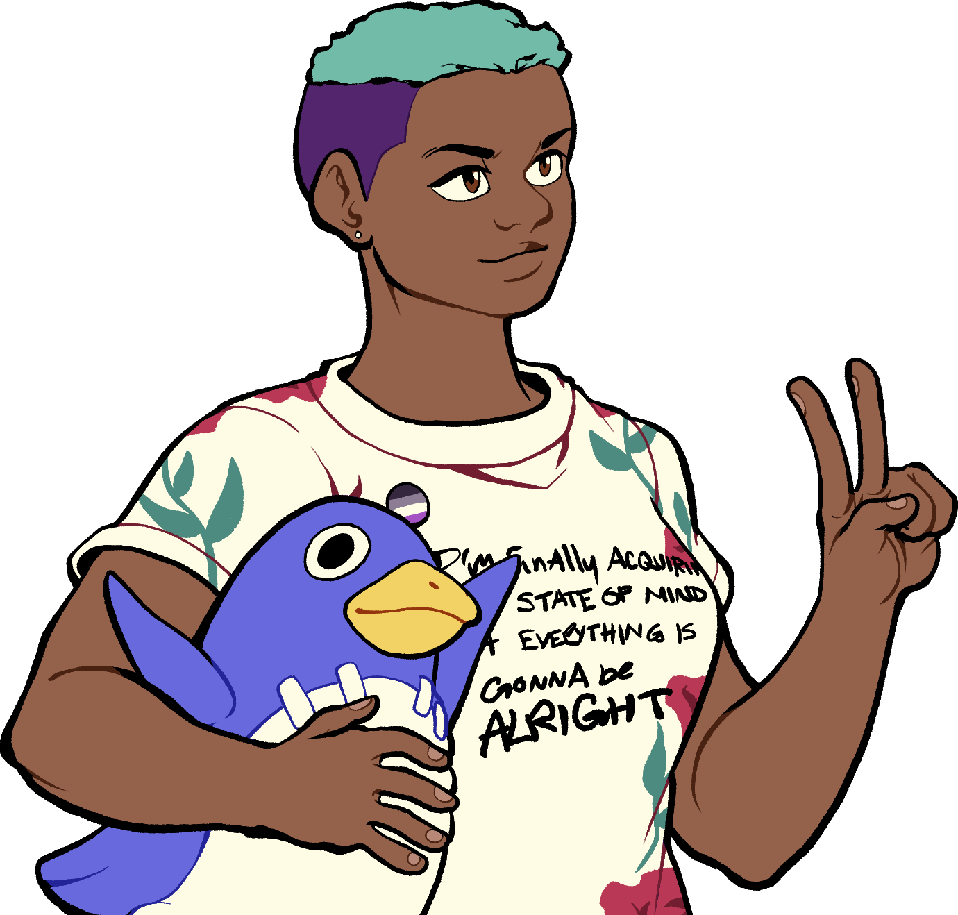 Illustrated portrait of Imani holding a Prinny from the game series Disgaea. Art Commissioned By @DKIRBYJ